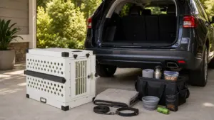 White kennel with suv and travel supplies