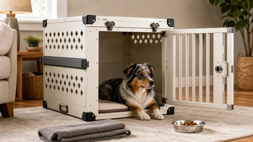 Mirrored open door white mydog kennel scene