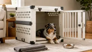Mirrored open door white mydog kennel scene
