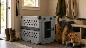 Gray mydog kennel mudroom scene with airedale terrier
