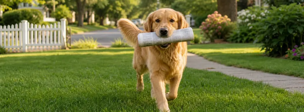 Dog retrieving newspaper front yard